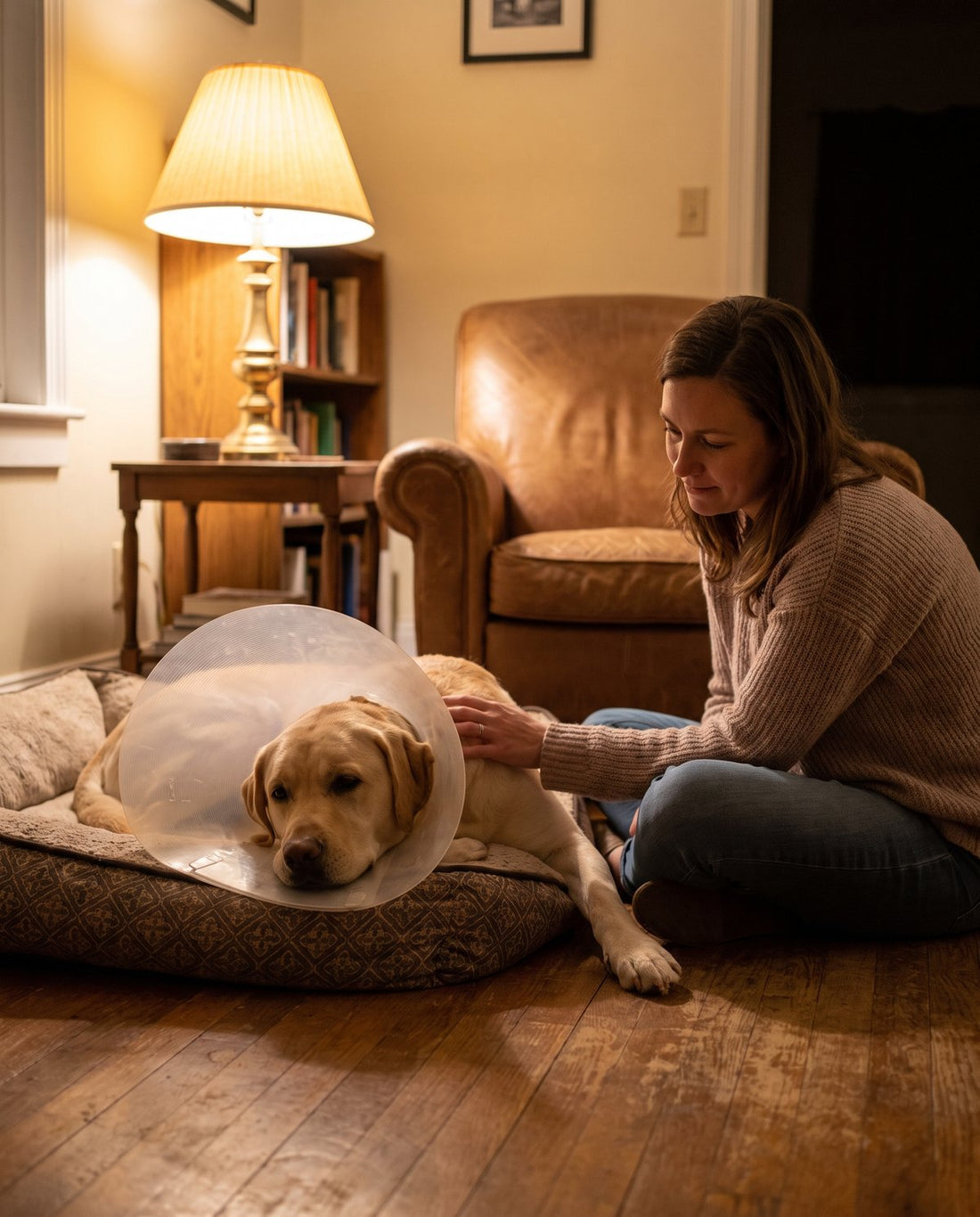 A woman sitting on the floor beside her Labrador in the evening, one hand resting on him