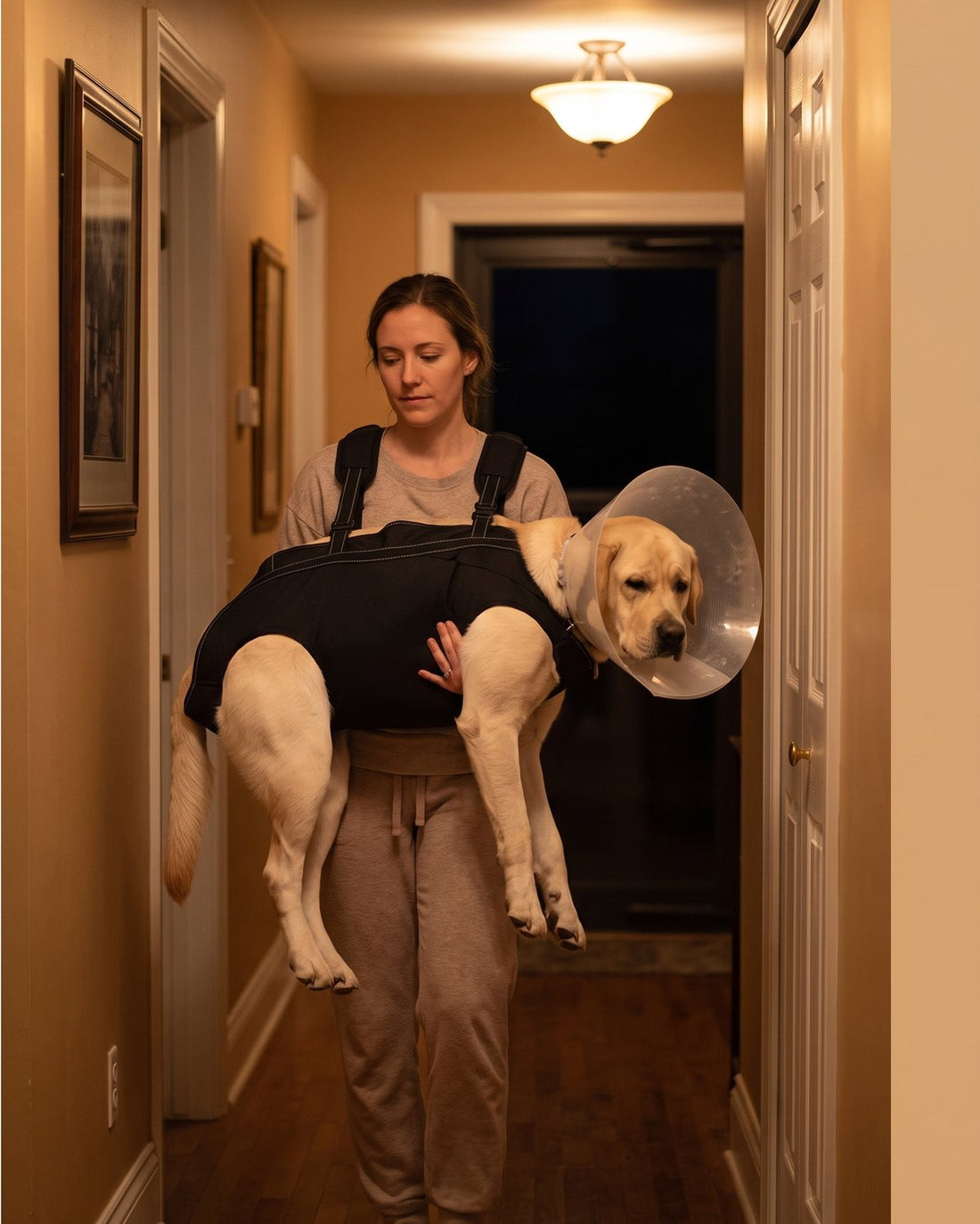 A dog waiting at the end of a lit hallway at night instead of following into the room