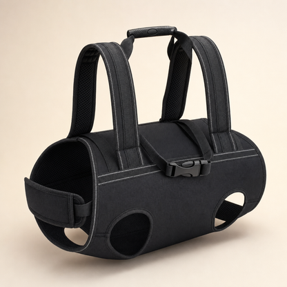 Black padded full-body dog mobility harness with a grab handle