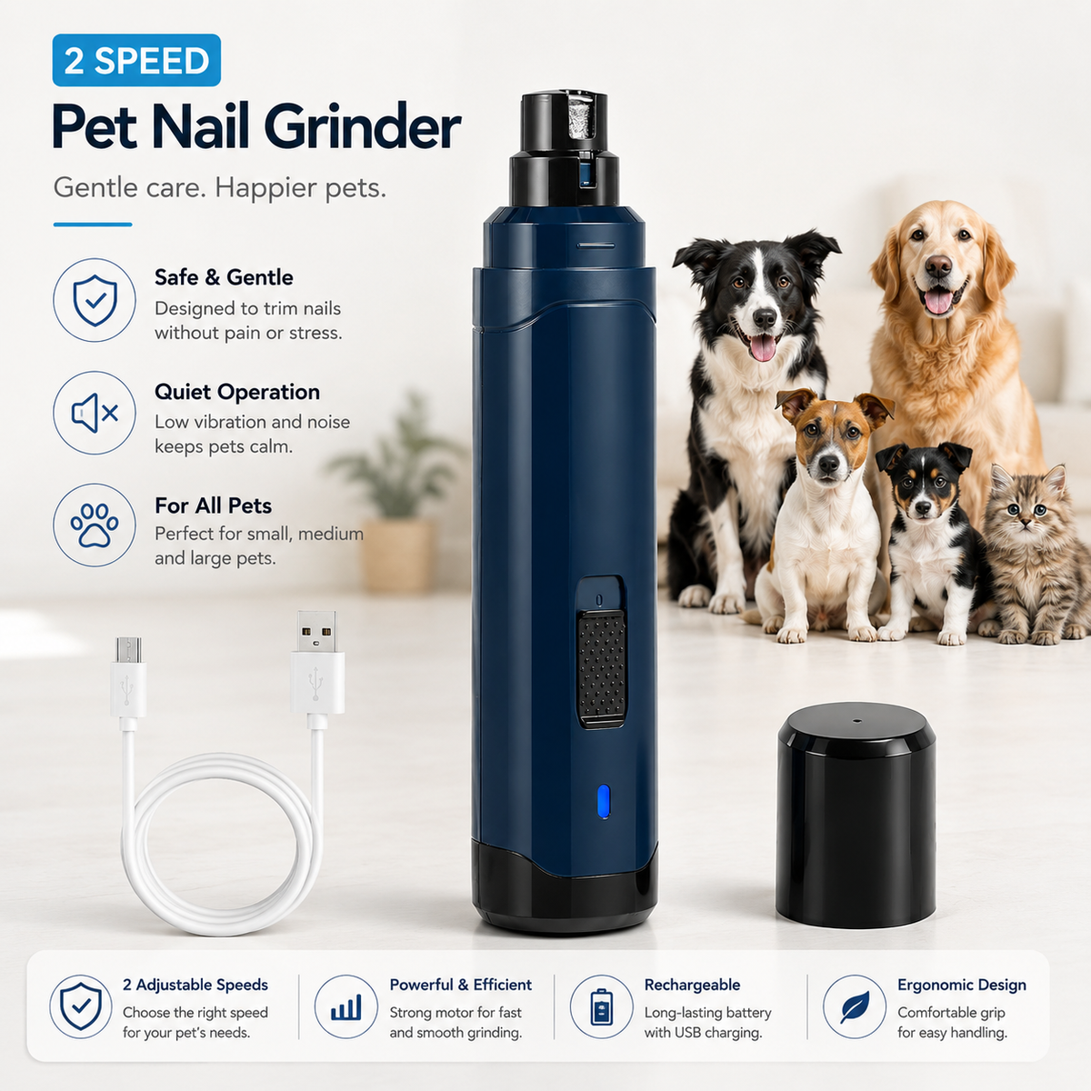 Quiet USB rechargeable dog nail grinder, view 9