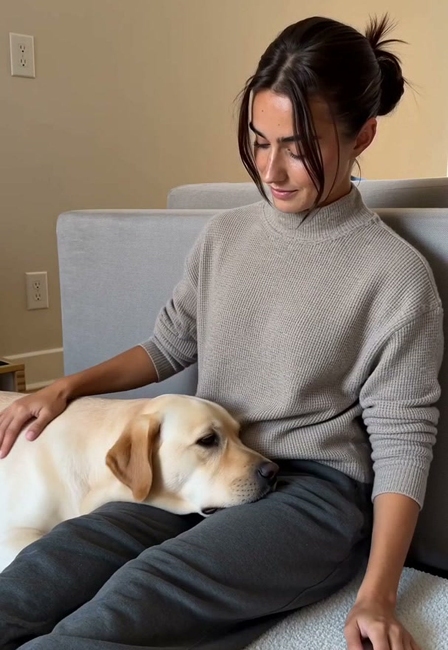 A woman sitting on the floor at home with her hand on her Labrador, who rests his head on her leg