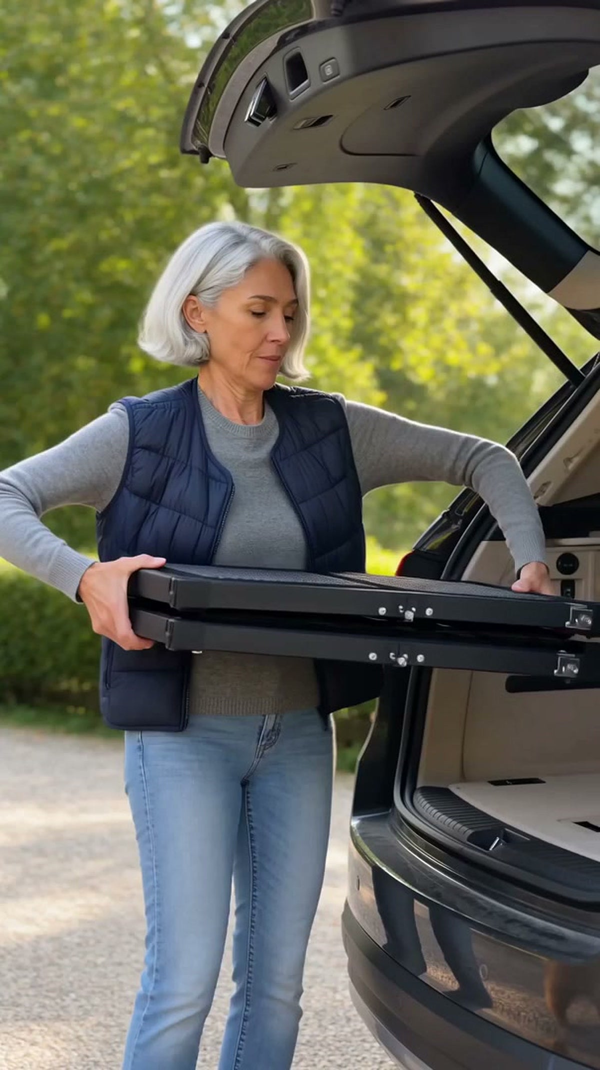 A woman lifts the folded dog car ramp out of her trunk with both hands