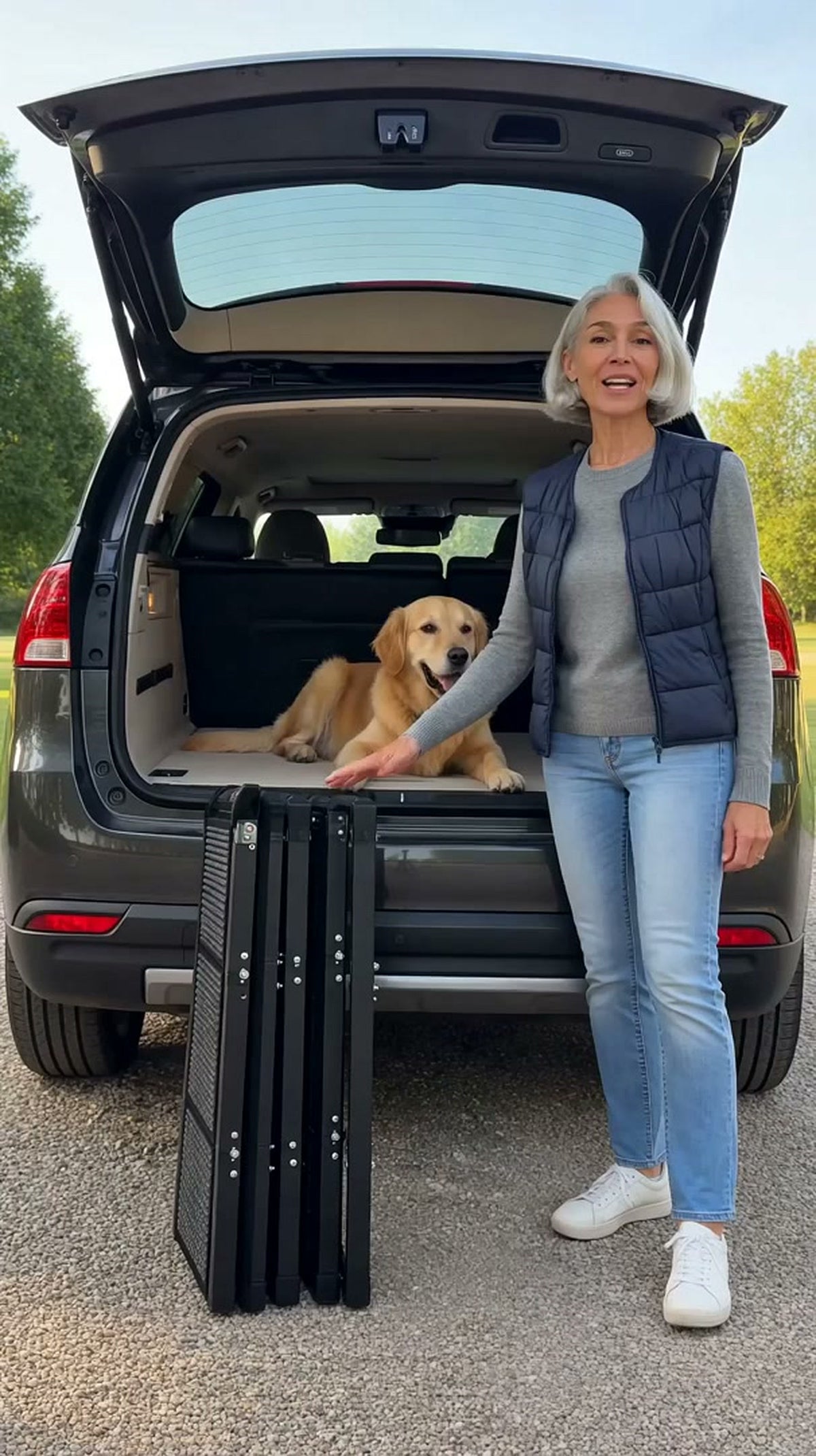 A golden retriever rests in the trunk while the folded ramp stands beside the car
