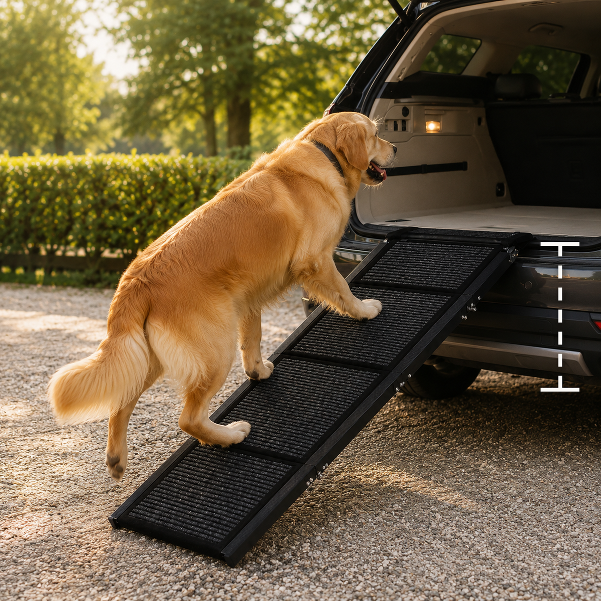 A large dog walking up the folding ramp into an open car trunk, with the trunk height marked