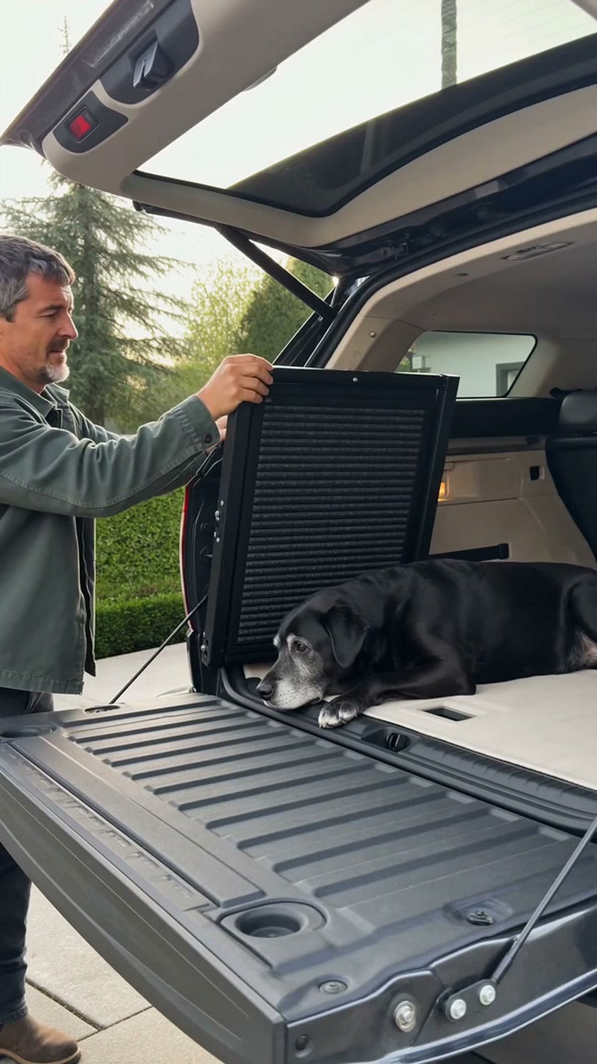 A man slides the folded dog ramp into the back of the car next to his resting black dog