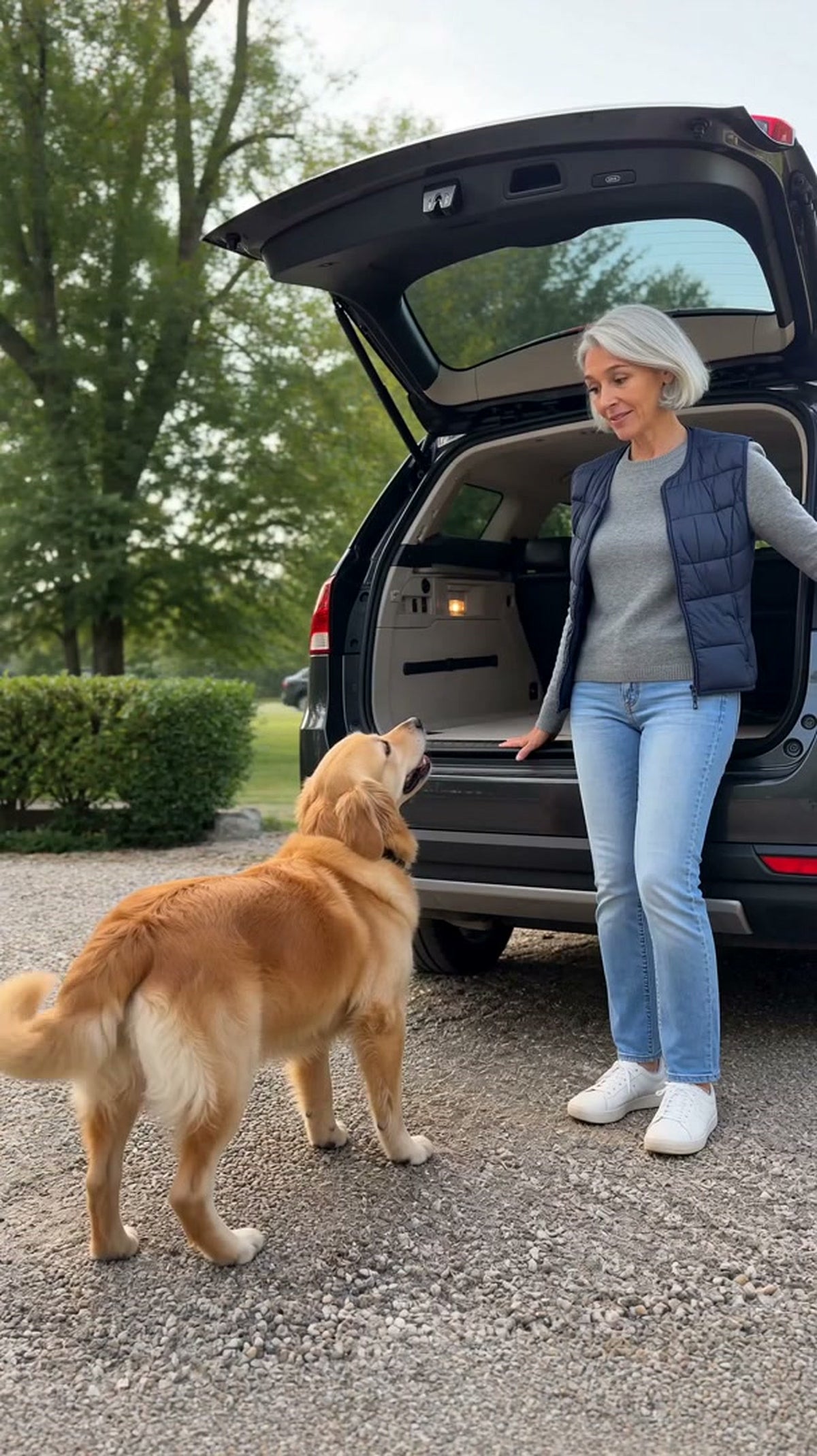 A golden retriever waits on the gravel beside an open car trunk while a woman stands at the tailgate