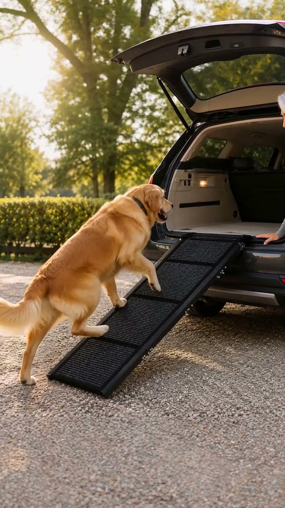 A golden retriever walks up the folding dog ramp into the back of an SUV