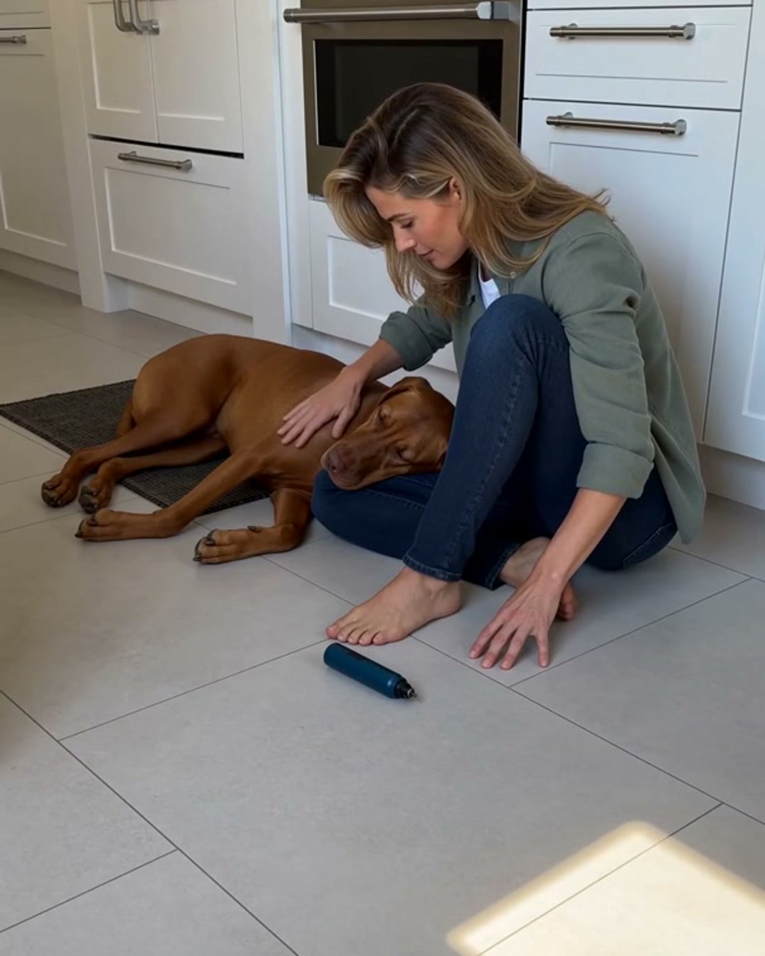 A woman sits on her kitchen floor beside her dog after finishing his nails