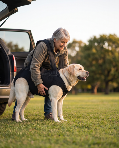 An older woman kneeling beside her Labrador, who wears the black Full-Body Dog Carrier, at an open tailgate in a park