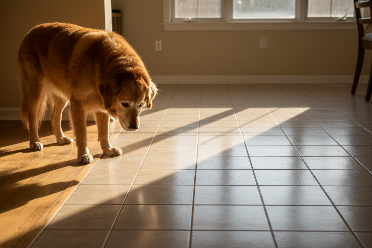 A dog stopped at the edge of a hard floor, hesitating before crossing it