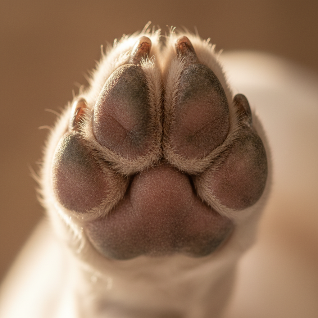 The underside of a large dog's paw, backlit, showing the pads that touch the floor