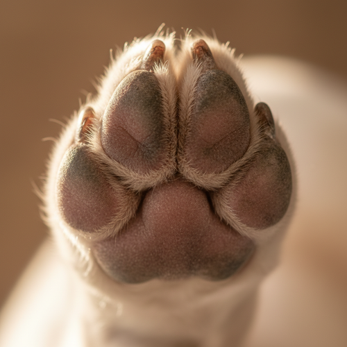 The underside of a large dog's paw, backlit, showing the pads that touch the floor