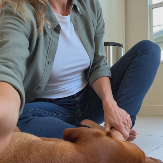 A woman sits on her kitchen floor with her dog and uses the quiet nail grinder, taking a little off at a time